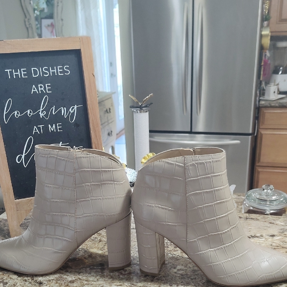 Marc Fisher Beige Croc-Pattern Ankle Booties